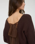 Blu Pepper BROWN V NECK DROP SHOULDER BACK BOW TIE DETAIL SWEATER