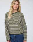 Blu Pepper Cardigan OLIVE STRIPE RAW EDGE DROP SHOULDER KNIT CARDIGAN