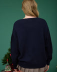 Blu Pepper NAVY TEDDY JACQUARD CREW NECK KNIT PULLOVER SWEATER