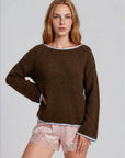 Blu Pepper Sweater CHOCOLATE BROWN BOAT NECK CONTRAST TRIM LONG SLEEVE KNIT SWEATER