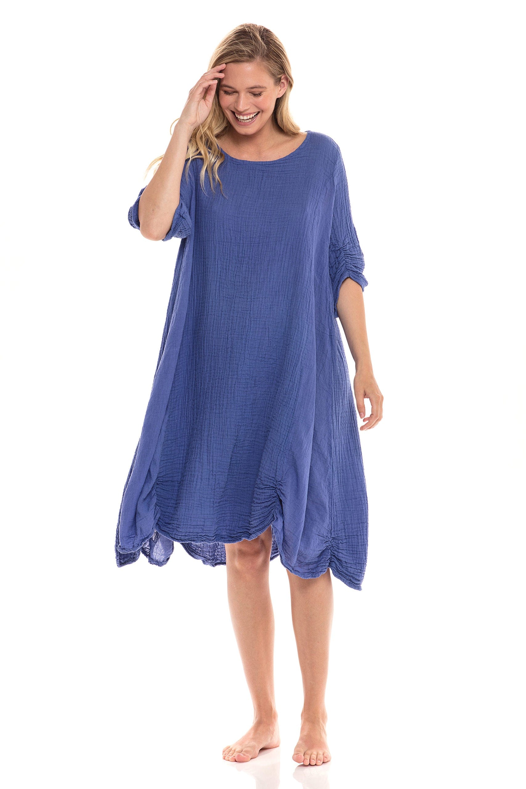 Thai Cotton 3/4 Sleeve Dress Cornflower Cornflower / Large/Extra Large Thai Cotton 3/4 Sleeve Dress Cornflower Cornflower / Large/Extra Large