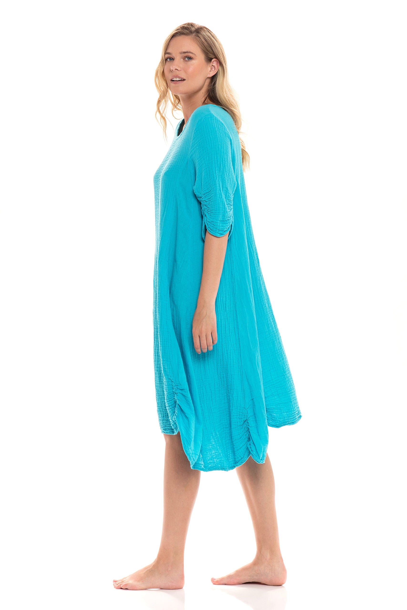Thai Cotton 3/4 Sleeve Dress Turquoise Turquoise / Extra Extra Large Thai Cotton 3/4 Sleeve Dress Turquoise Turquoise / Extra Extra Large
