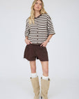 J.O.A CHOCOLATE BROWN STRIPE RAW EDGE SHORT SLEEVE BUTTON DOWN CARDIGAN
