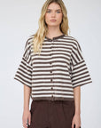 J.O.A CHOCOLATE BROWN STRIPE RAW EDGE SHORT SLEEVE BUTTON DOWN CARDIGAN