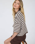 J.O.A CHOCOLATE BROWN STRIPE RAW EDGE SHORT SLEEVE BUTTON DOWN CARDIGAN