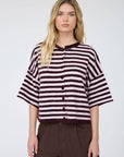 J.O.A CHOCOLATE BROWN STRIPE RAW EDGE SHORT SLEEVE BUTTON DOWN CARDIGAN
