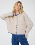 J.O.A STRIPE RAW EDGE BUTTON DOWN LONG SLEEVE CARDIGAN