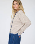 J.O.A STRIPE RAW EDGE BUTTON DOWN LONG SLEEVE CARDIGAN