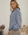 J.O.A Sweater BUTTON HENLEY STRIPE LONG SLEEVE DROP SHOULDER SWEATER