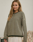 J.O.A Sweater BUTTON HENLEY STRIPE LONG SLEEVE DROP SHOULDER SWEATER