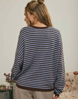 J.O.A Sweater BUTTON HENLEY STRIPE LONG SLEEVE DROP SHOULDER SWEATER