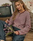 J.O.A Sweater BUTTON HENLEY STRIPE LONG SLEEVE DROP SHOULDER SWEATER