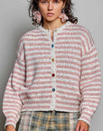 Pol Clothing Sweater One Size / PINK MULTI Long Sleeve Striped Colorful Button Accents Sweater