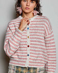 Pol Clothing Sweater One Size / PINK MULTI Long Sleeve Striped Colorful Button Accents Sweater