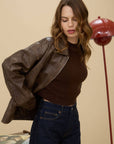 The Workshop Studio BROWN WASHED FAUX LEATHER COLLARED ZIP-UP JACKET