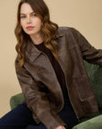 The Workshop Studio BROWN WASHED FAUX LEATHER COLLARED ZIP-UP JACKET