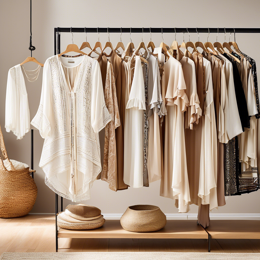A clothing rack displaying various neutral-toned tunics, ideal for effortless everyday style, with woven baskets below for accessories.