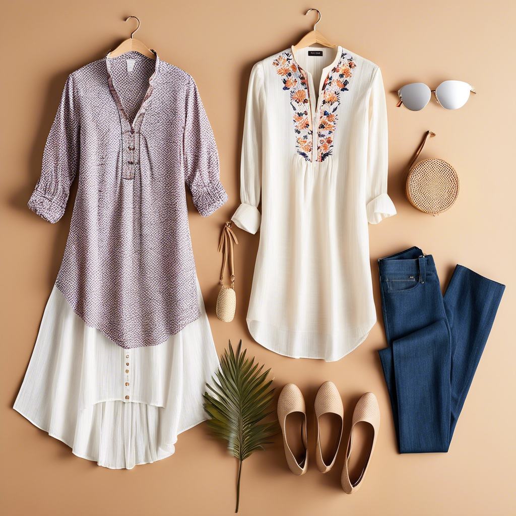 Two stylish tunics on hangers with jeans, sandals, a woven bag, sunglasses, and a leaf, showcasing effortless style and comfort for 2023.