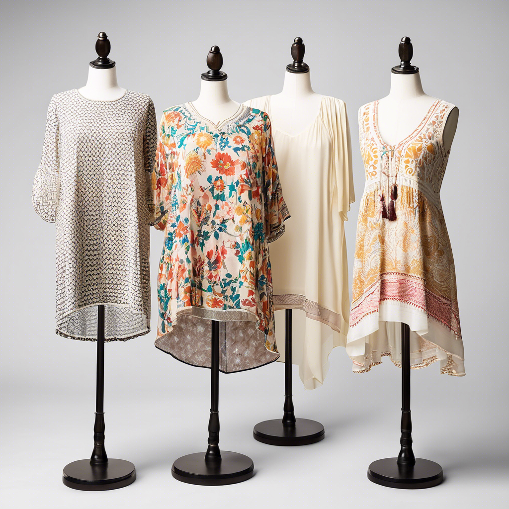 Four stylish tunics on mannequins: patterned, floral, cream, and embroidered designs, perfect for elevating everyday looks.