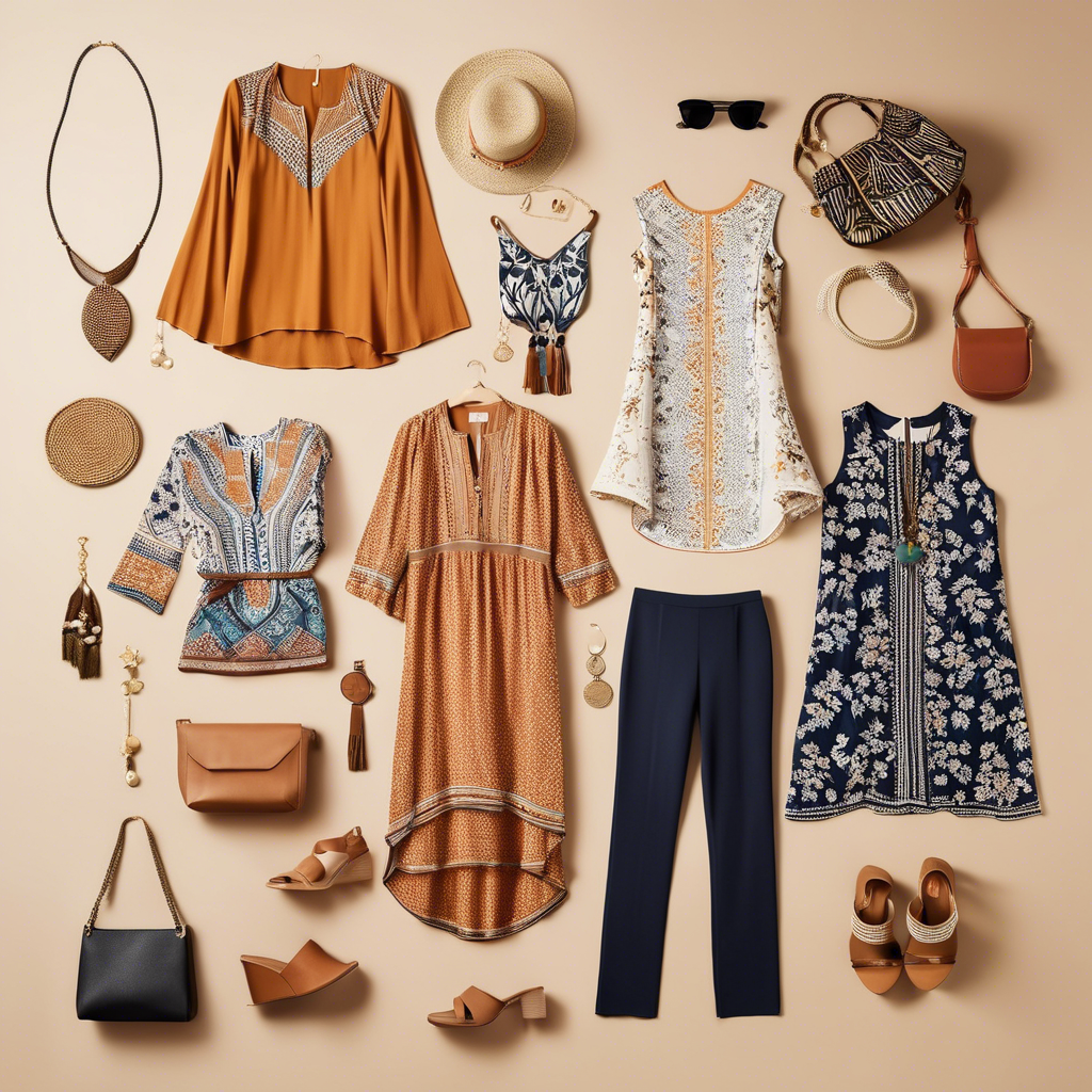 Assorted stylish tunics with complementary accessories, including jewelry, handbags, and shoes, arranged flat lay on a beige background.
