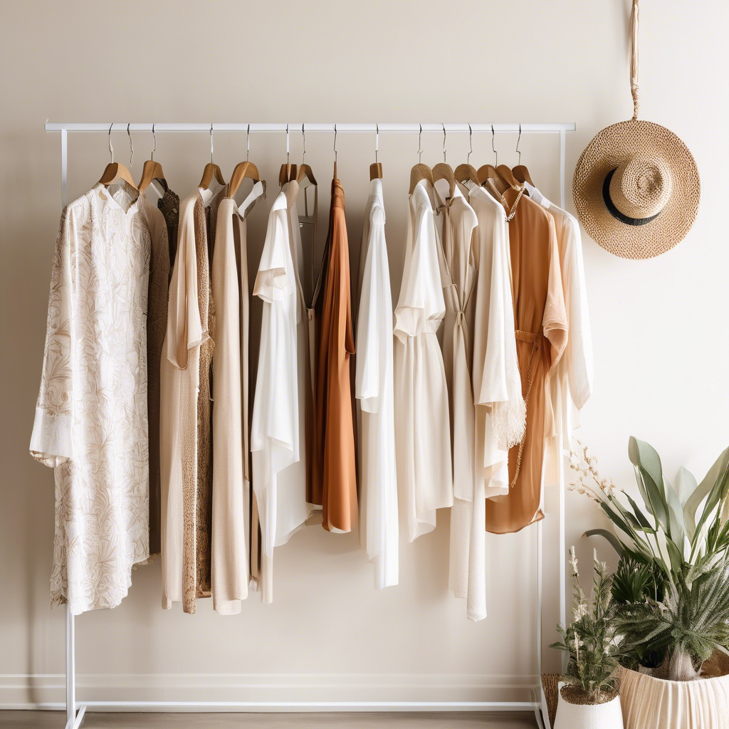 Neutral-toned tunics on a rack, styled for effortless comfort and elegance; straw hat and plants enhance the cozy setting.