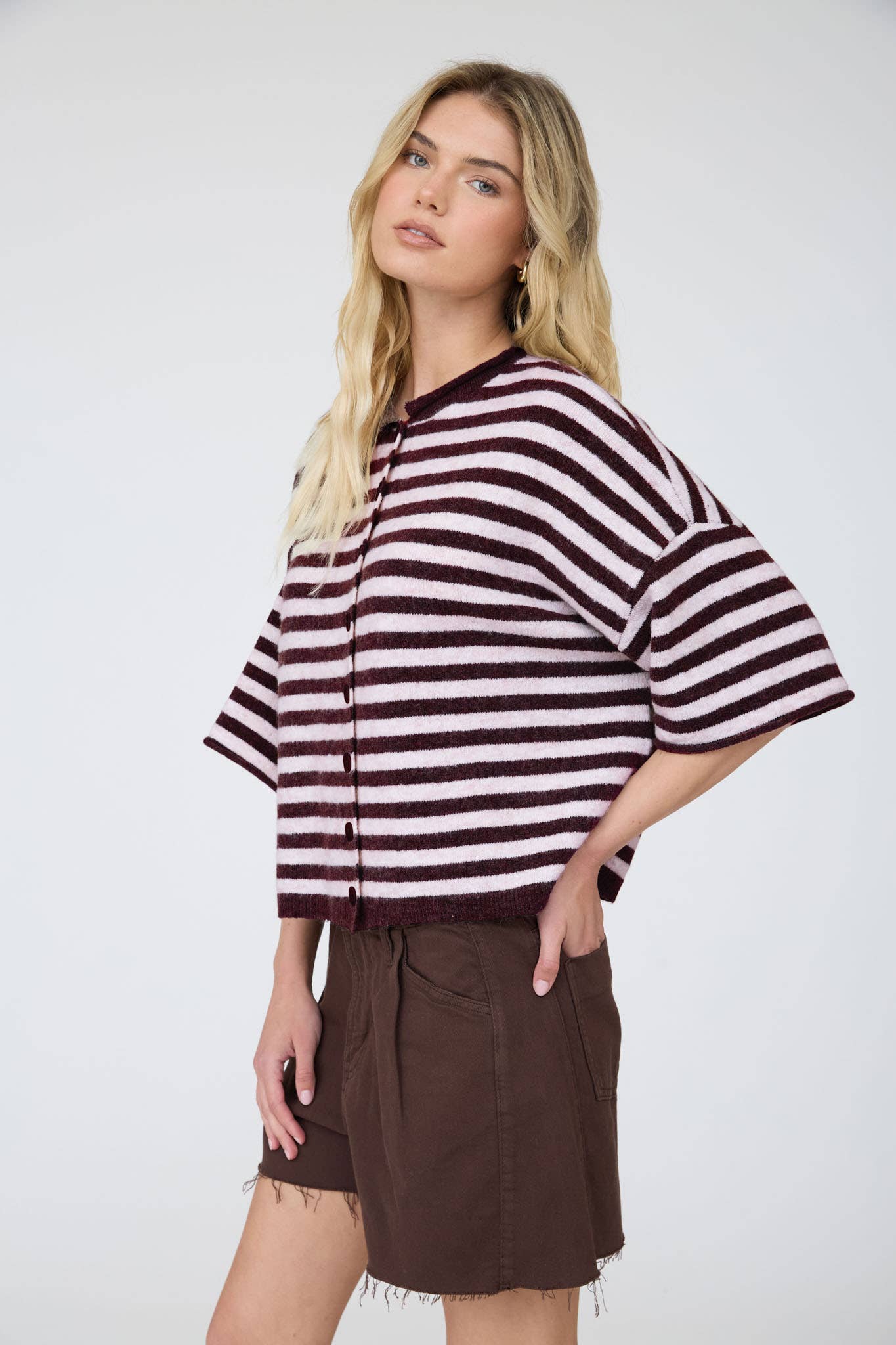 J.O.A CHOCOLATE BROWN STRIPE RAW EDGE SHORT SLEEVE BUTTON DOWN CARDIGAN