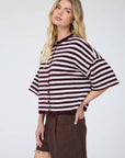 J.O.A CHOCOLATE BROWN STRIPE RAW EDGE SHORT SLEEVE BUTTON DOWN CARDIGAN