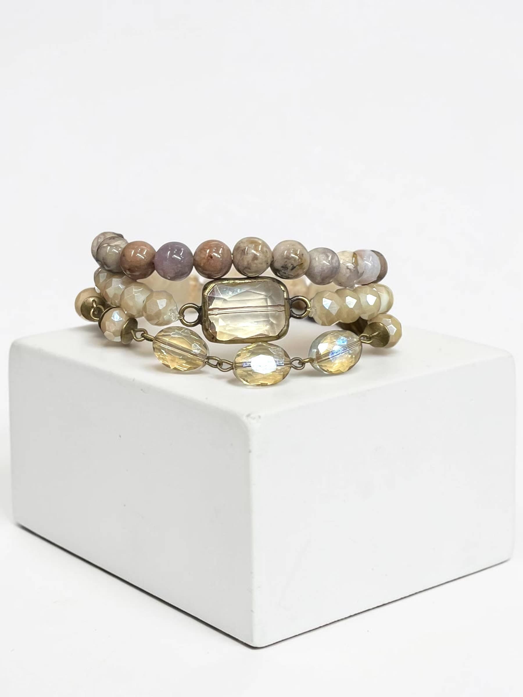 Ava Capri Bracelet Ava 3 row mossy agate & ivory champagne Bracelet set