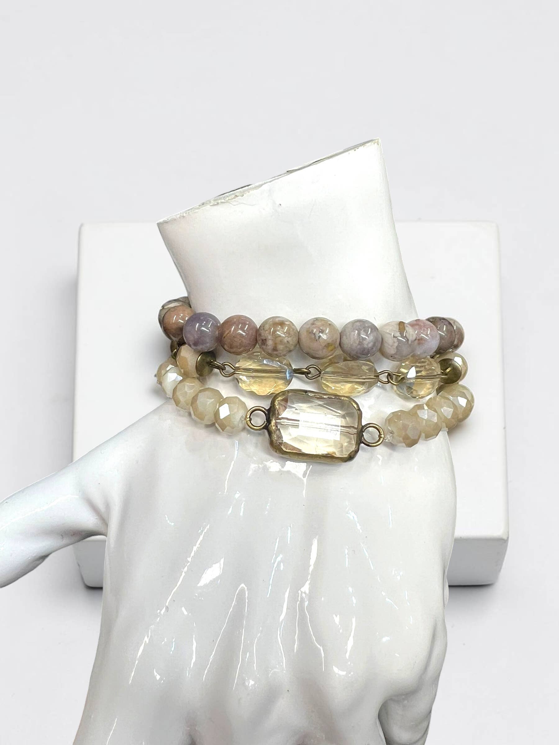 Ava Capri Bracelet Ava 3 row mossy agate & ivory champagne Bracelet set