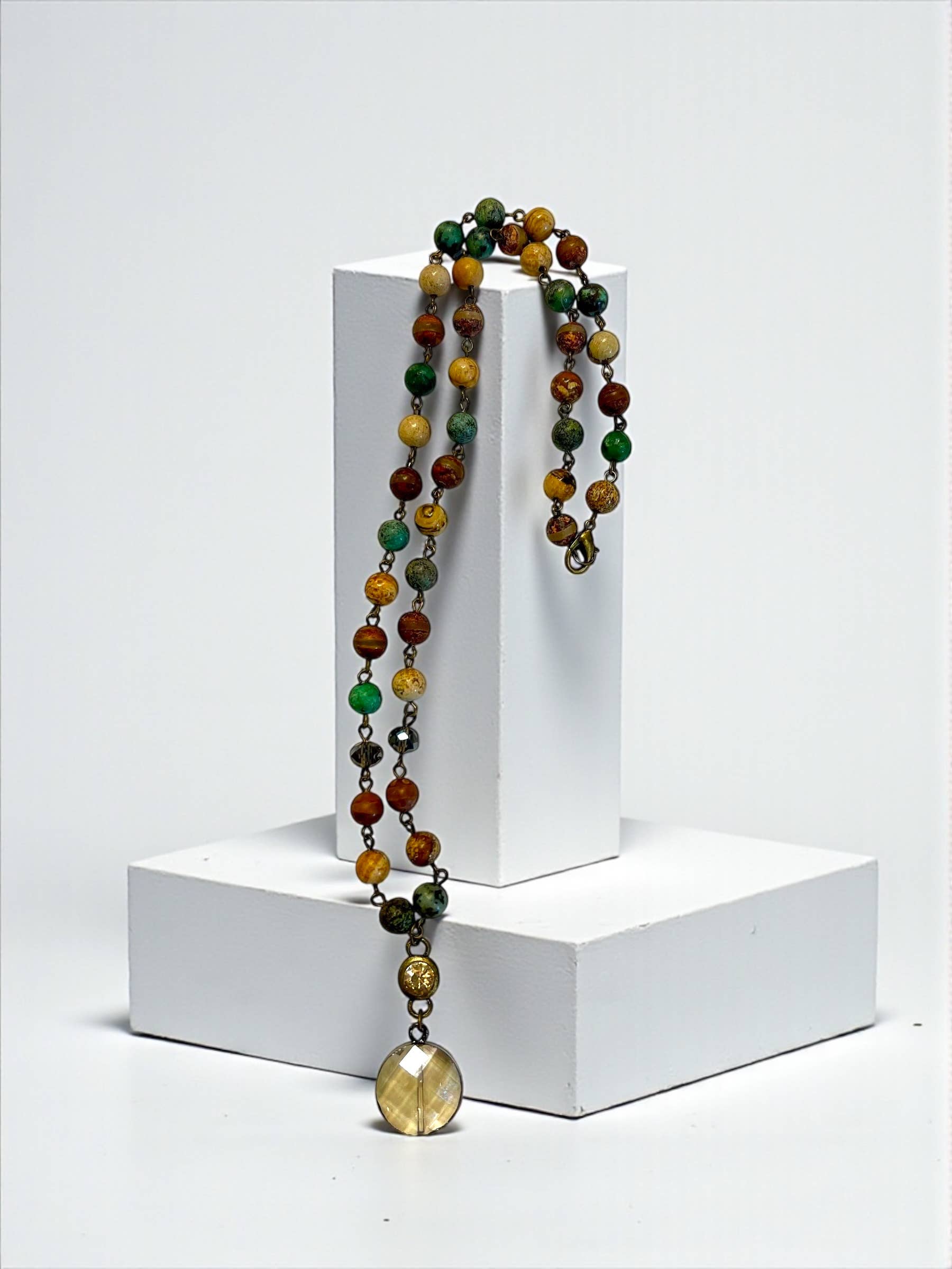 Ava Capri Necklace 20" mixed jasper necklace with round faceted pendant
