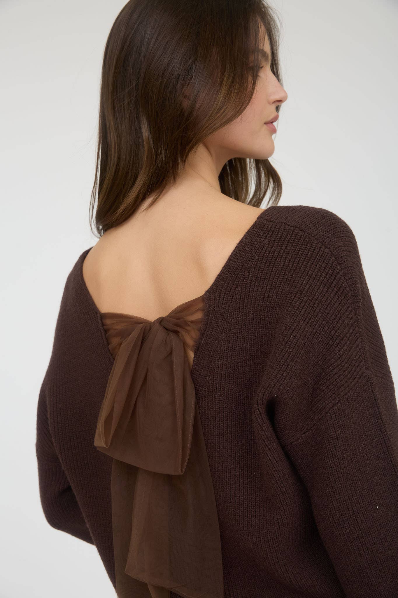 Blu Pepper BROWN V NECK DROP SHOULDER BACK BOW TIE DETAIL SWEATER