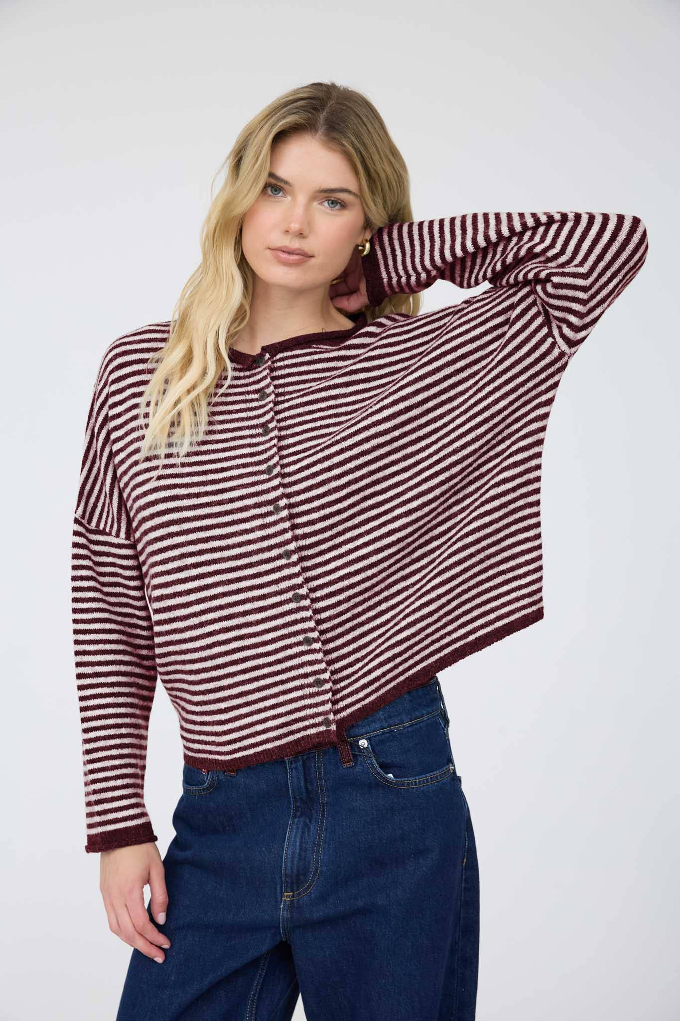Blu Pepper Cardigan BURGUNDY STRIPE RAW EDGE DROP SHOULDER KNIT CARDIGAN