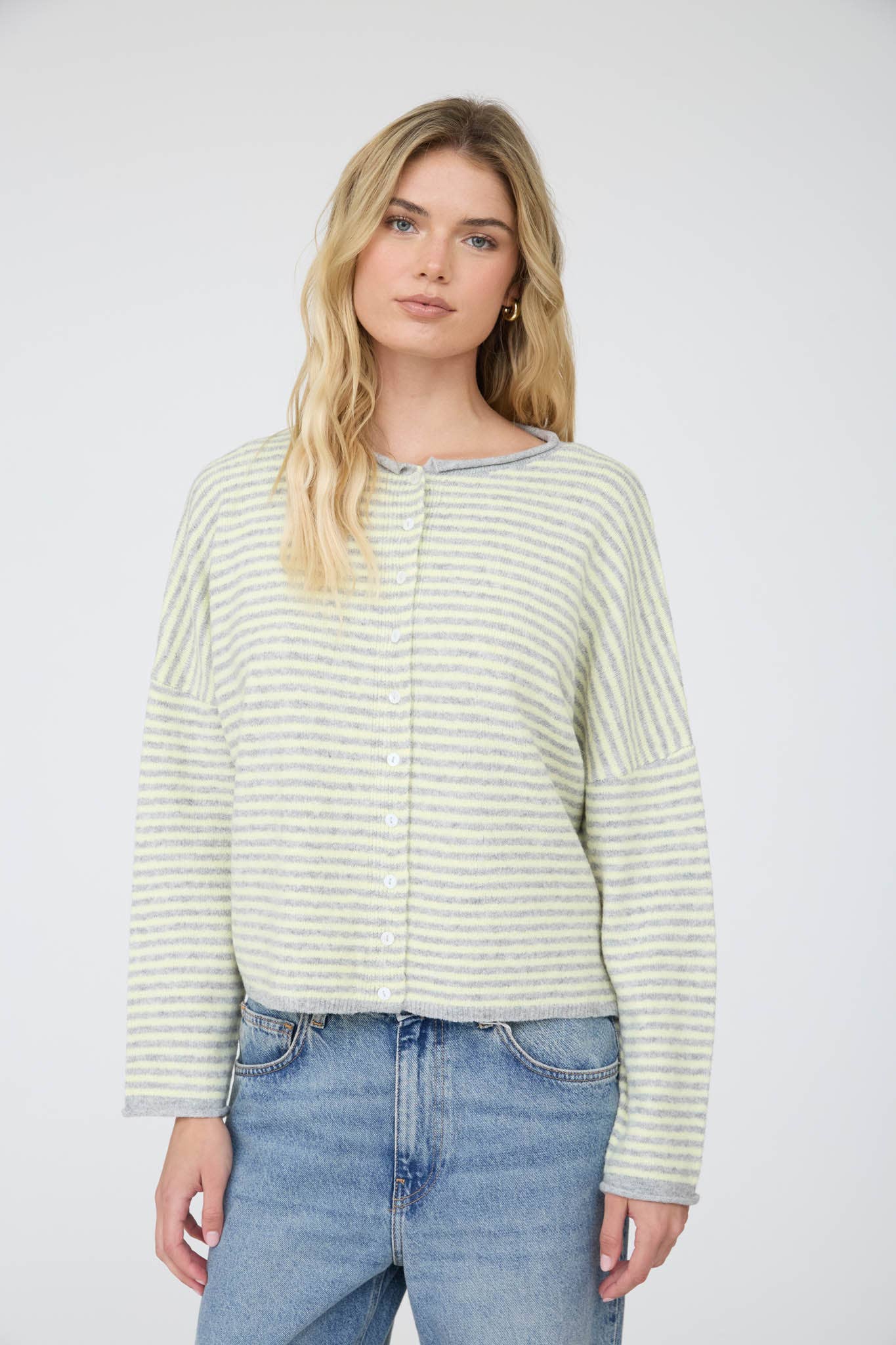 Blu Pepper Cardigan BUTTER YELLOW STRIPE RAW EDGE DROP SHOULDER KNIT CARDIGAN