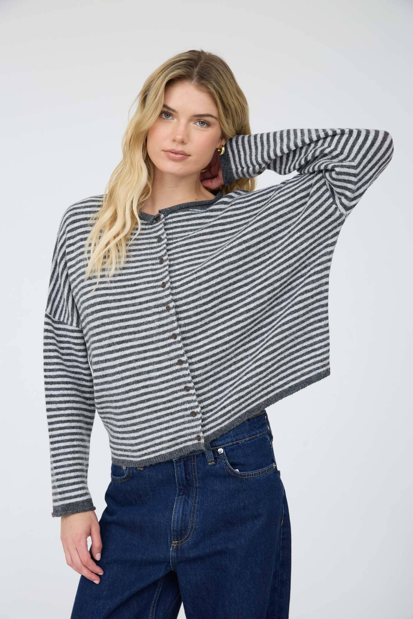 Blu Pepper Cardigan CHARCOAL STRIPE RAW EDGE DROP SHOULDER KNIT CARDIGAN