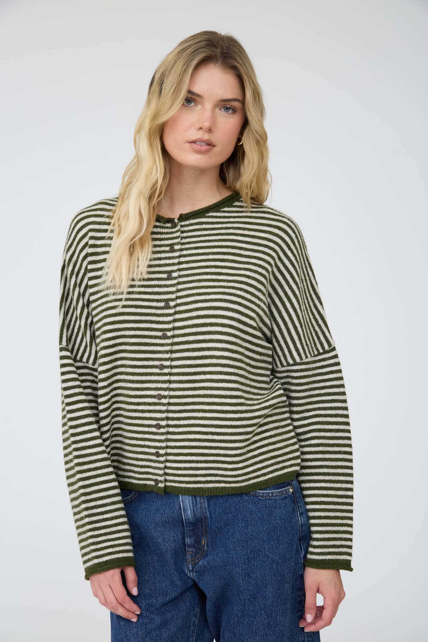 Blu Pepper Cardigan OLIVE STRIPE RAW EDGE DROP SHOULDER KNIT CARDIGAN