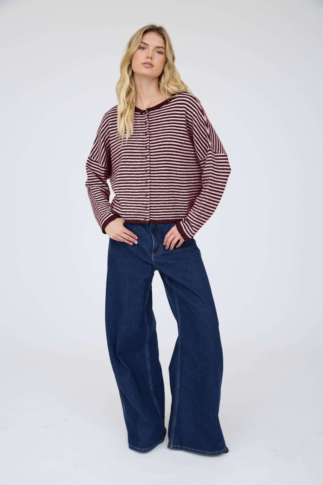 Blu Pepper Cardigan STRIPE RAW EDGE DROP SHOULDER KNIT CARDIGAN