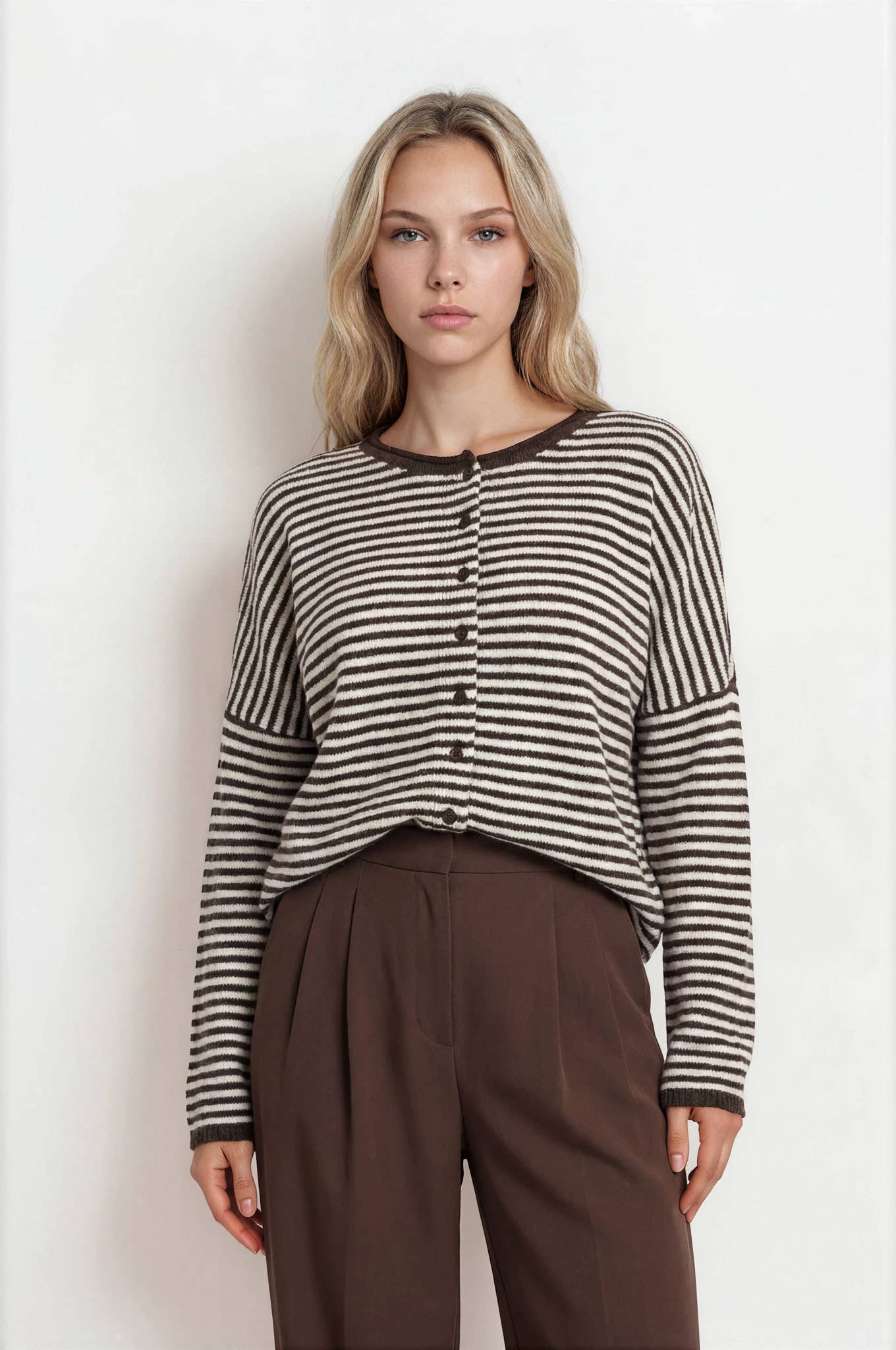Blu Pepper Cardigan STRIPE RAW EDGE DROP SHOULDER KNIT CARDIGAN