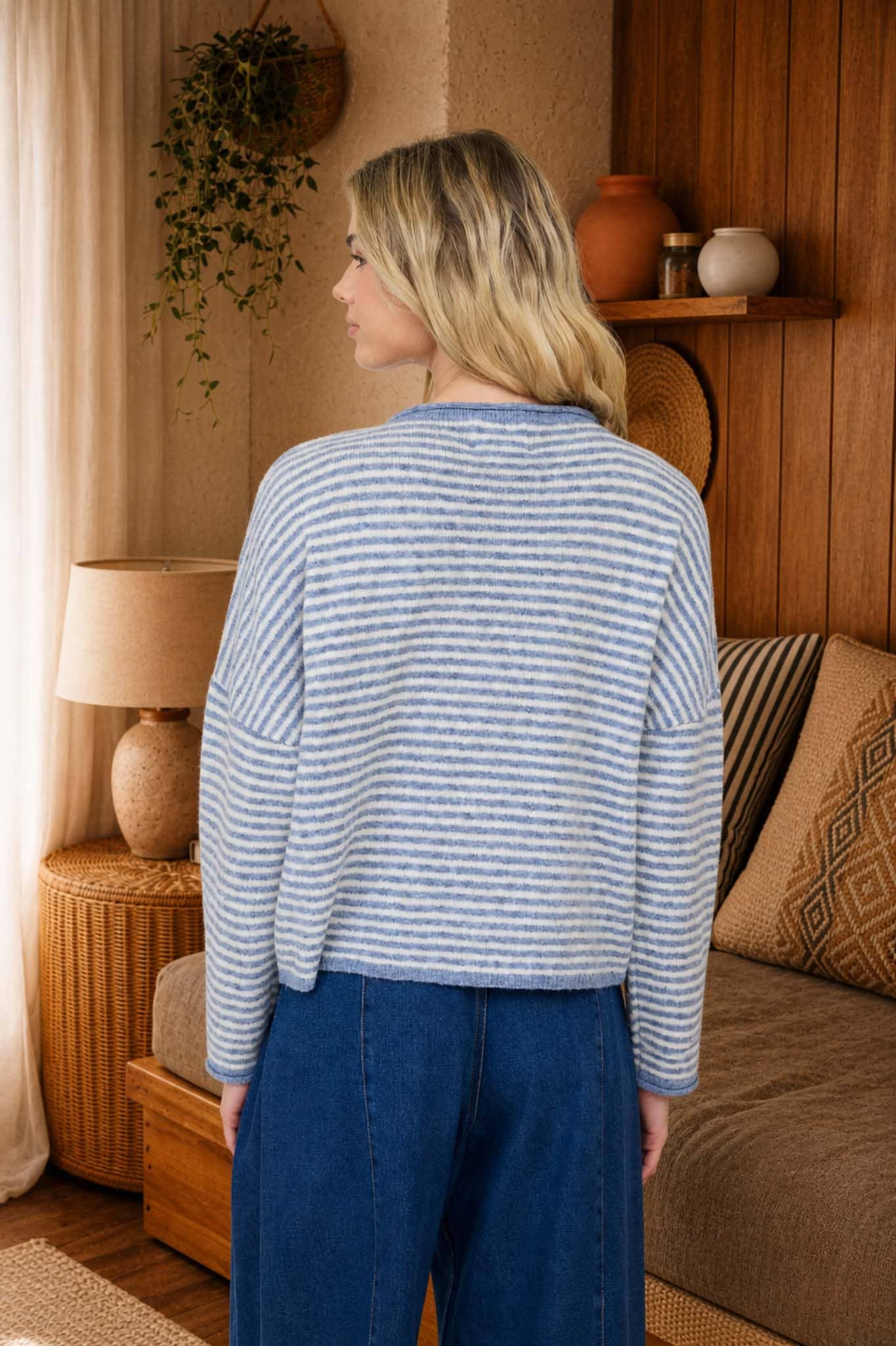 Blu Pepper Cardigan STRIPE RAW EDGE DROP SHOULDER KNIT CARDIGAN