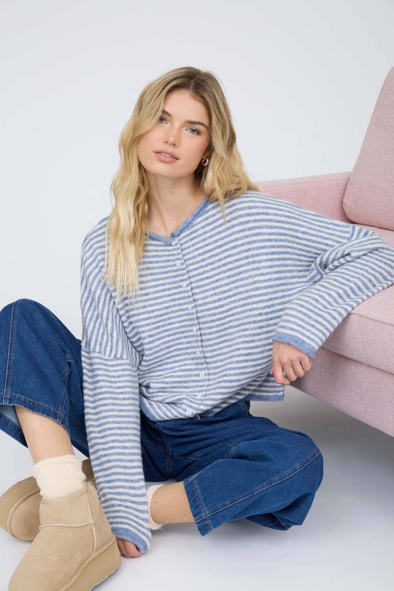Blu Pepper Cardigan STRIPE RAW EDGE DROP SHOULDER KNIT CARDIGAN