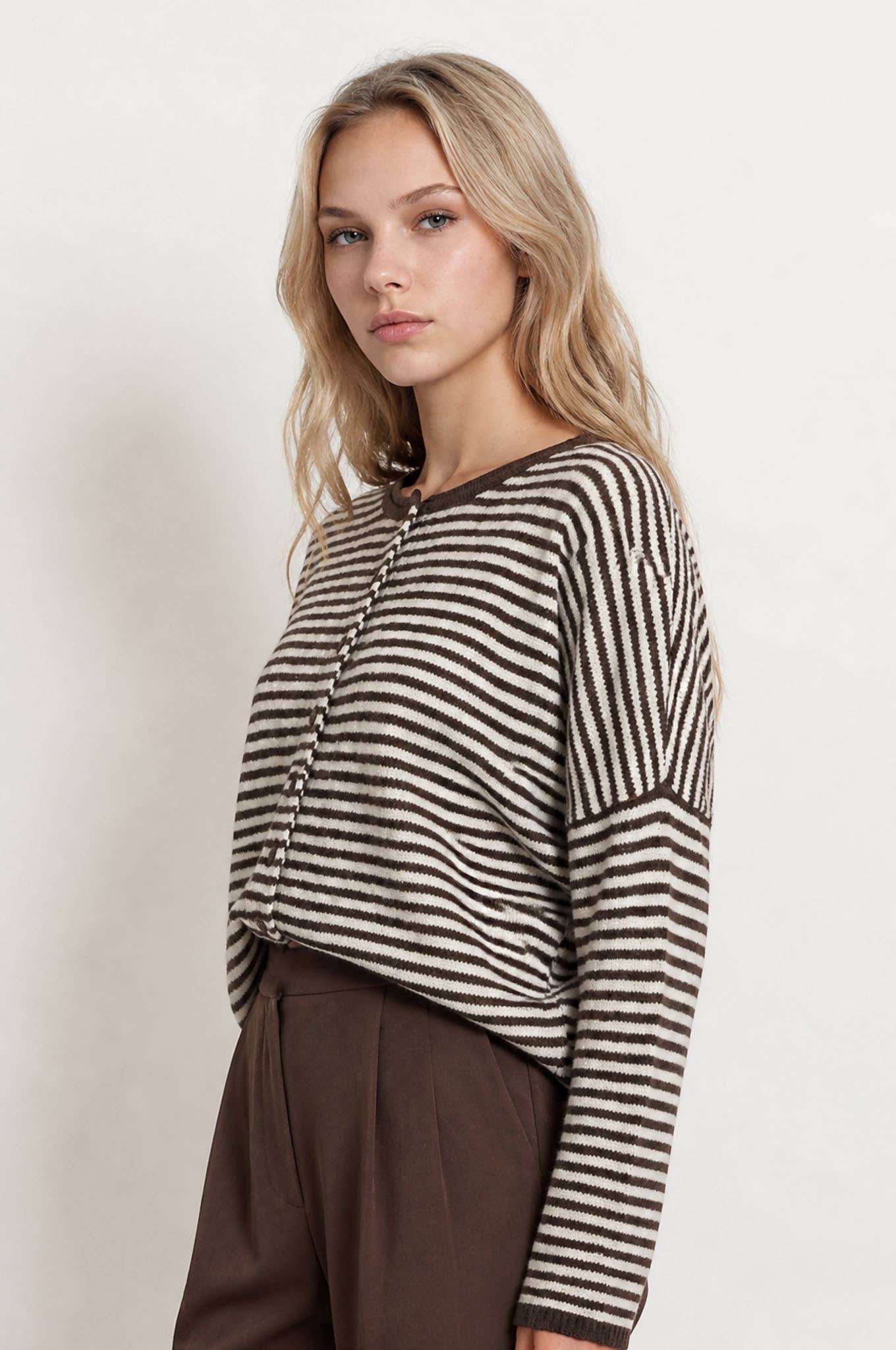 Blu Pepper Cardigan STRIPE RAW EDGE DROP SHOULDER KNIT CARDIGAN