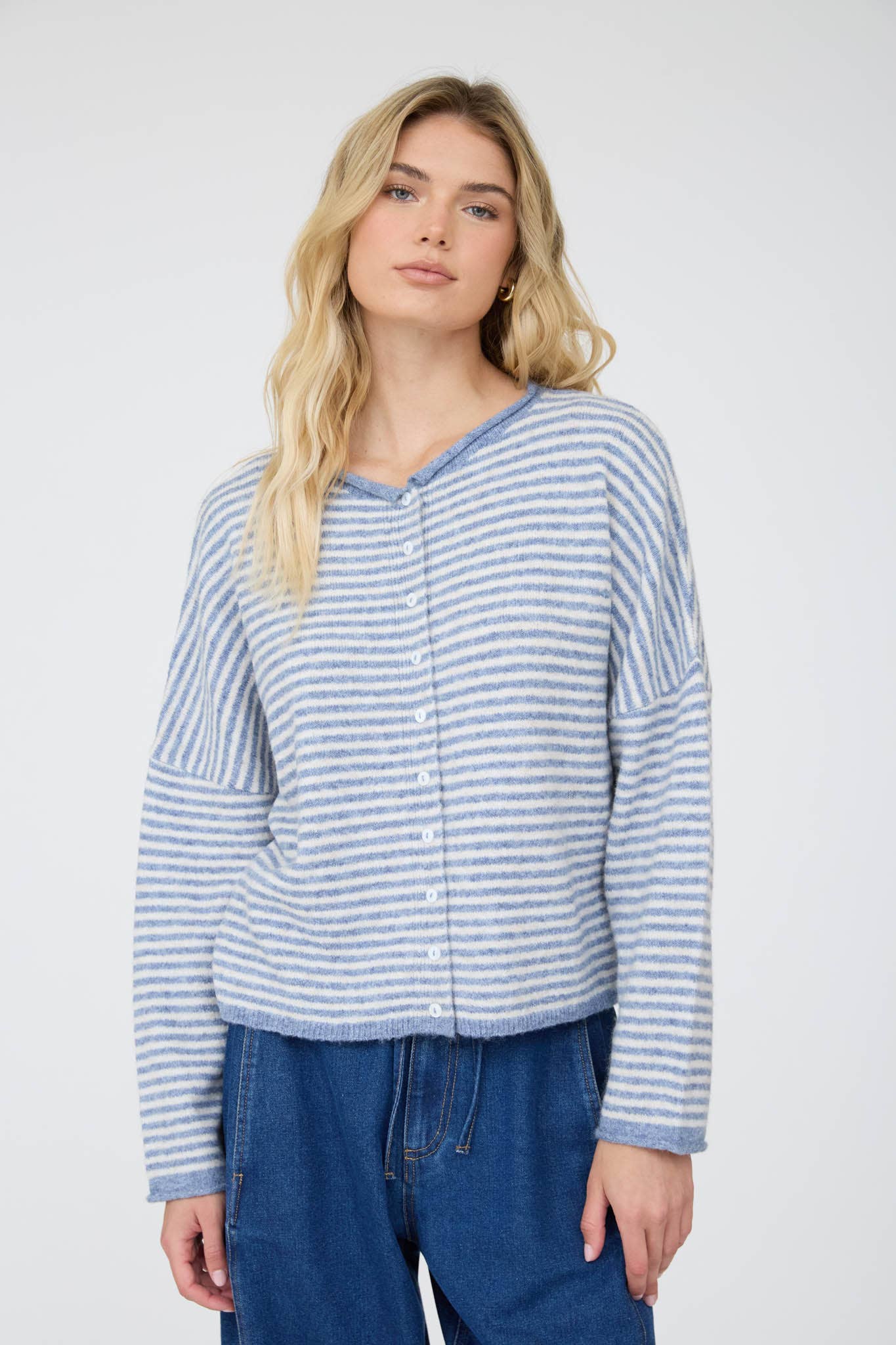 Blu Pepper Cardigan STRIPE RAW EDGE DROP SHOULDER KNIT CARDIGAN