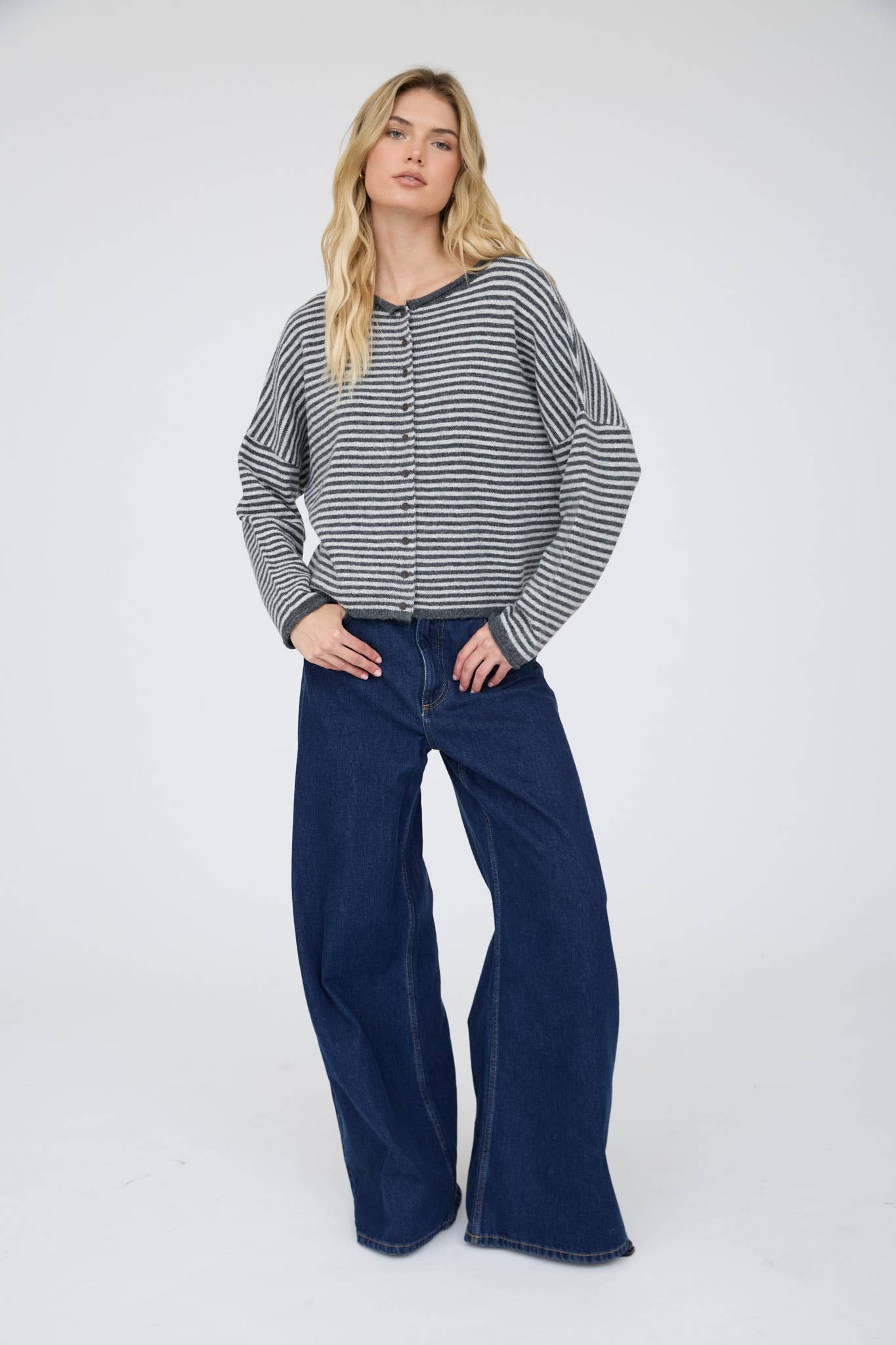 Blu Pepper Cardigan STRIPE RAW EDGE DROP SHOULDER KNIT CARDIGAN