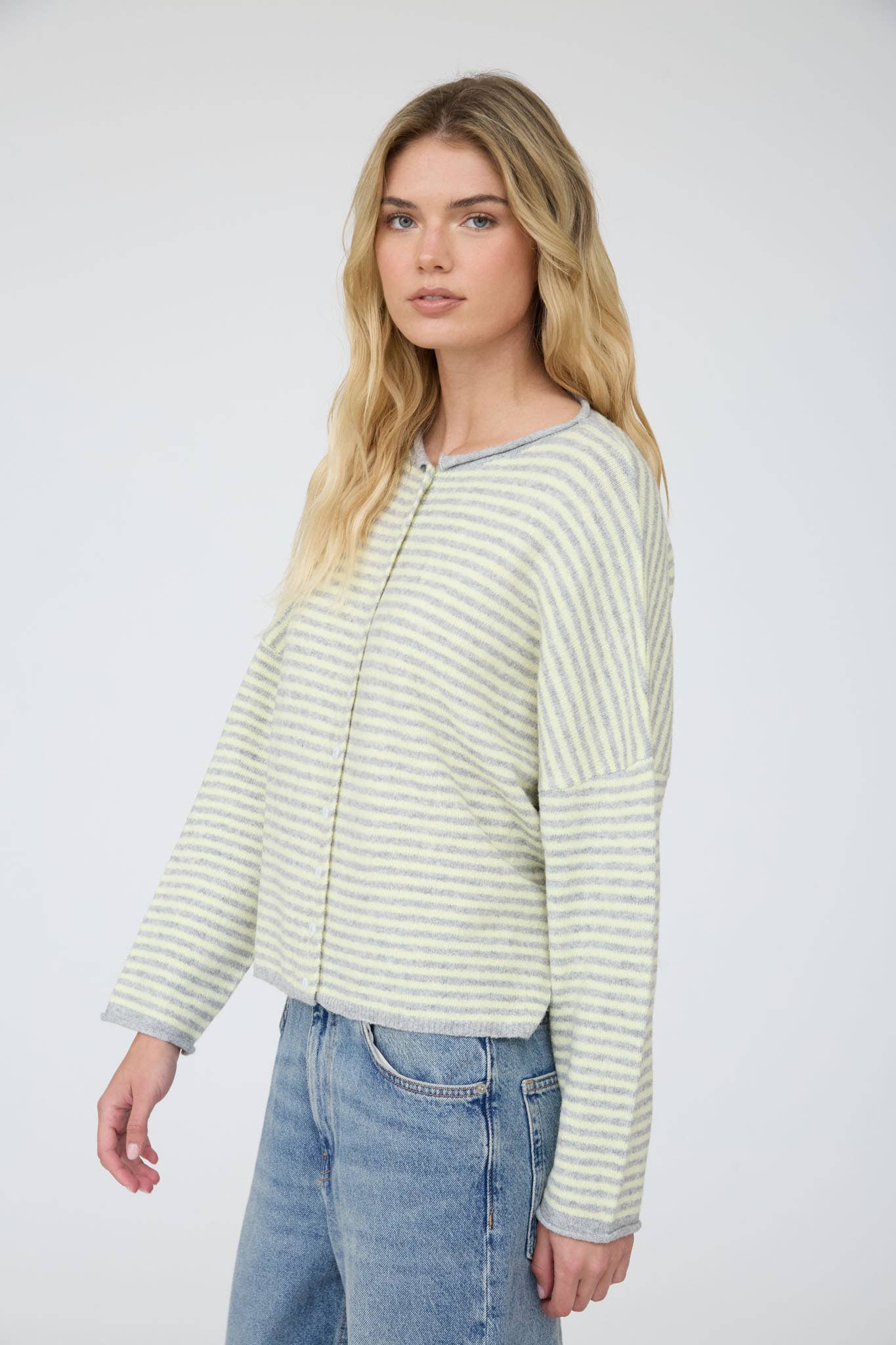 Blu Pepper Cardigan STRIPE RAW EDGE DROP SHOULDER KNIT CARDIGAN