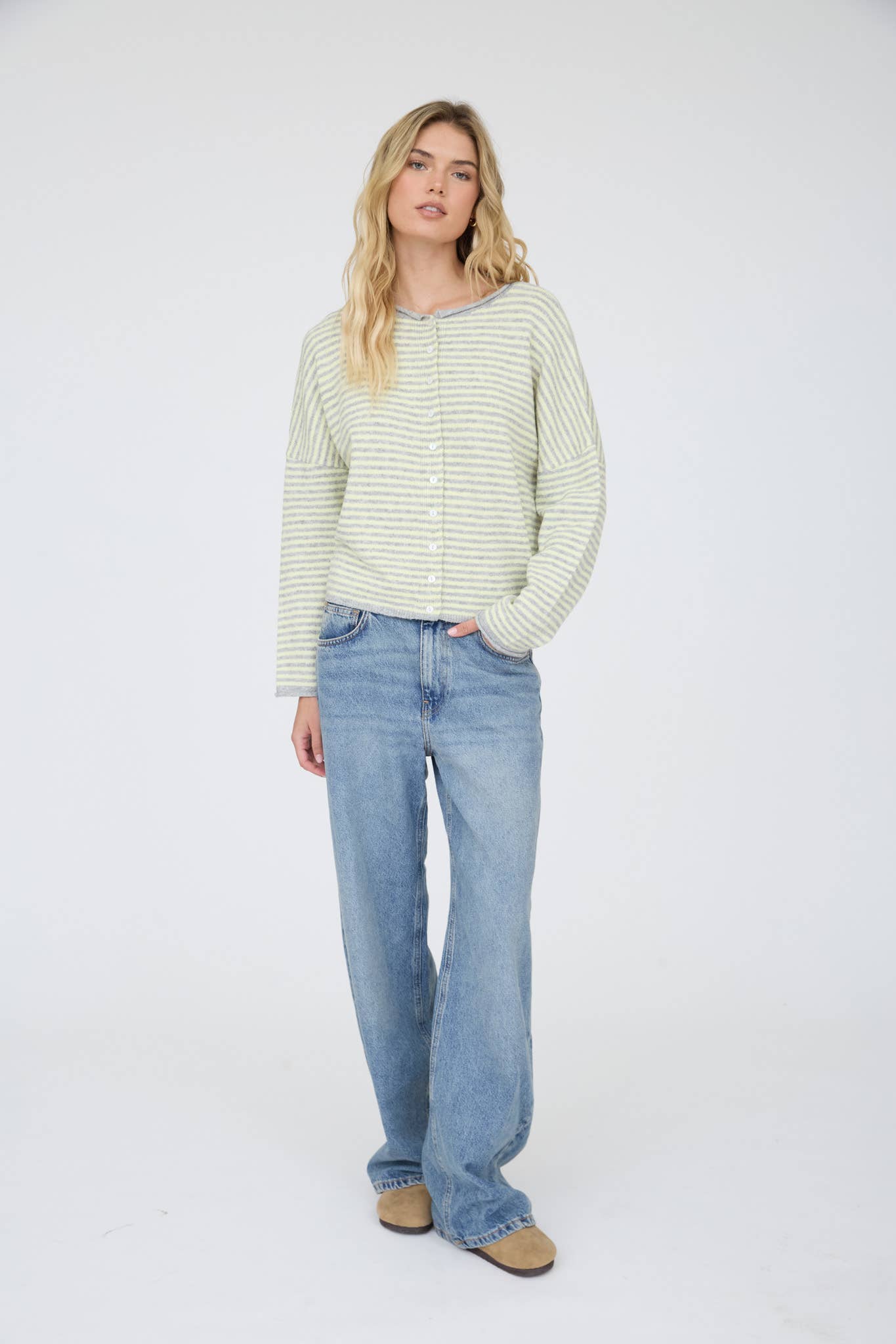 Blu Pepper Cardigan STRIPE RAW EDGE DROP SHOULDER KNIT CARDIGAN