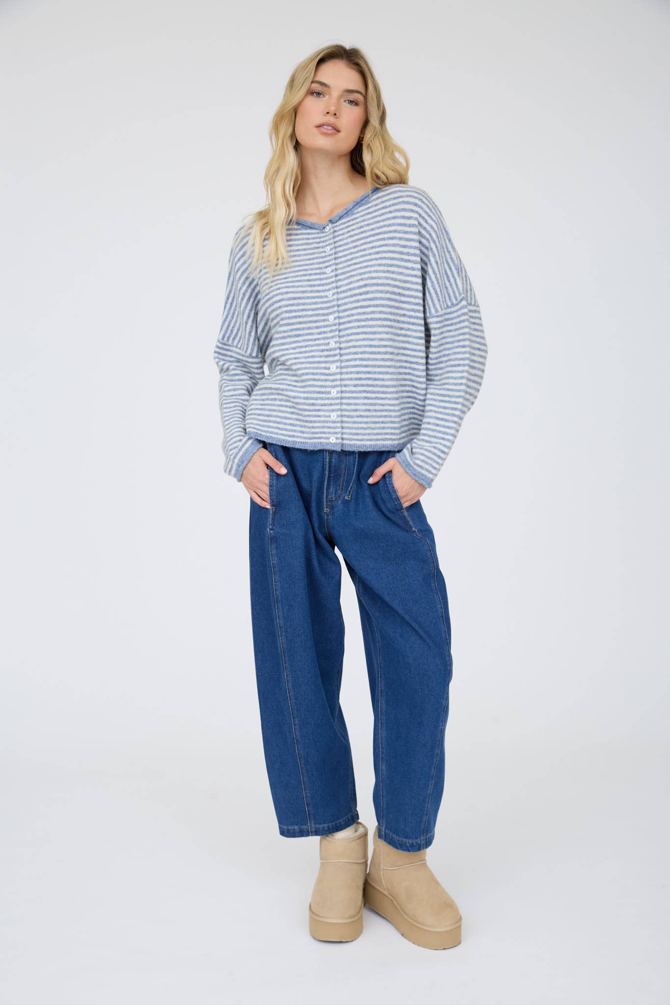 Blu Pepper Cardigan STRIPE RAW EDGE DROP SHOULDER KNIT CARDIGAN