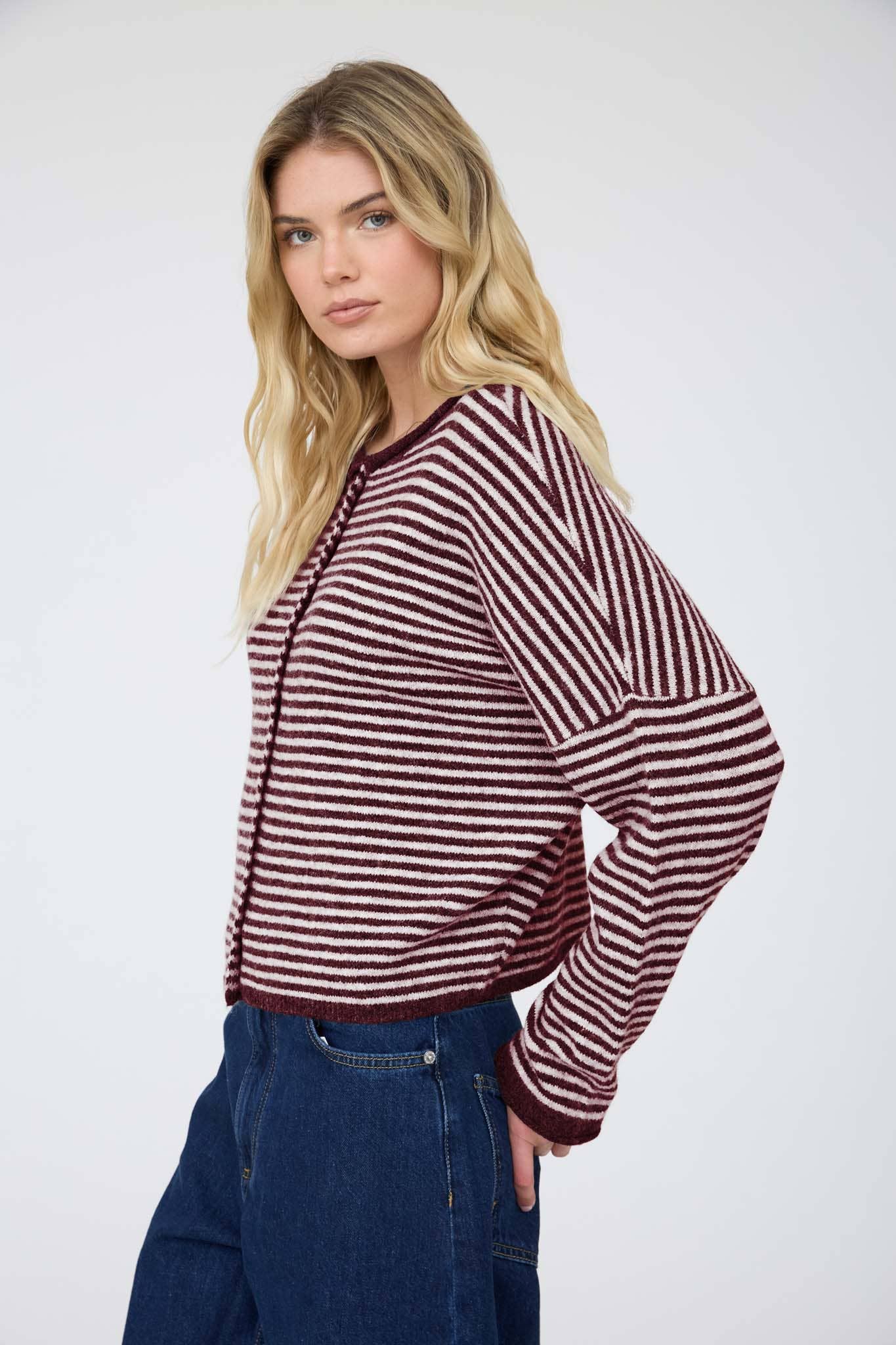 Blu Pepper Cardigan STRIPE RAW EDGE DROP SHOULDER KNIT CARDIGAN