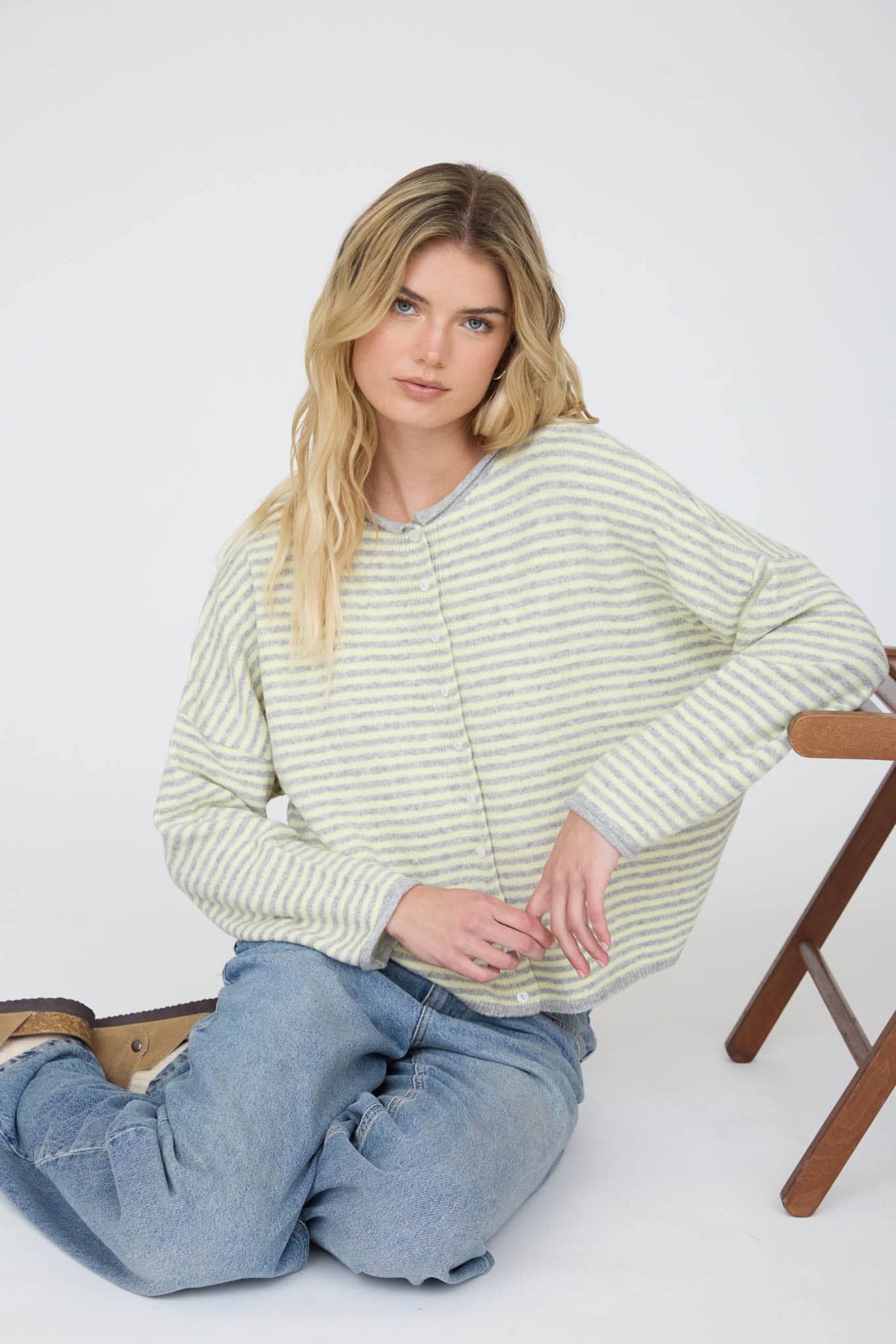 Blu Pepper Cardigan STRIPE RAW EDGE DROP SHOULDER KNIT CARDIGAN