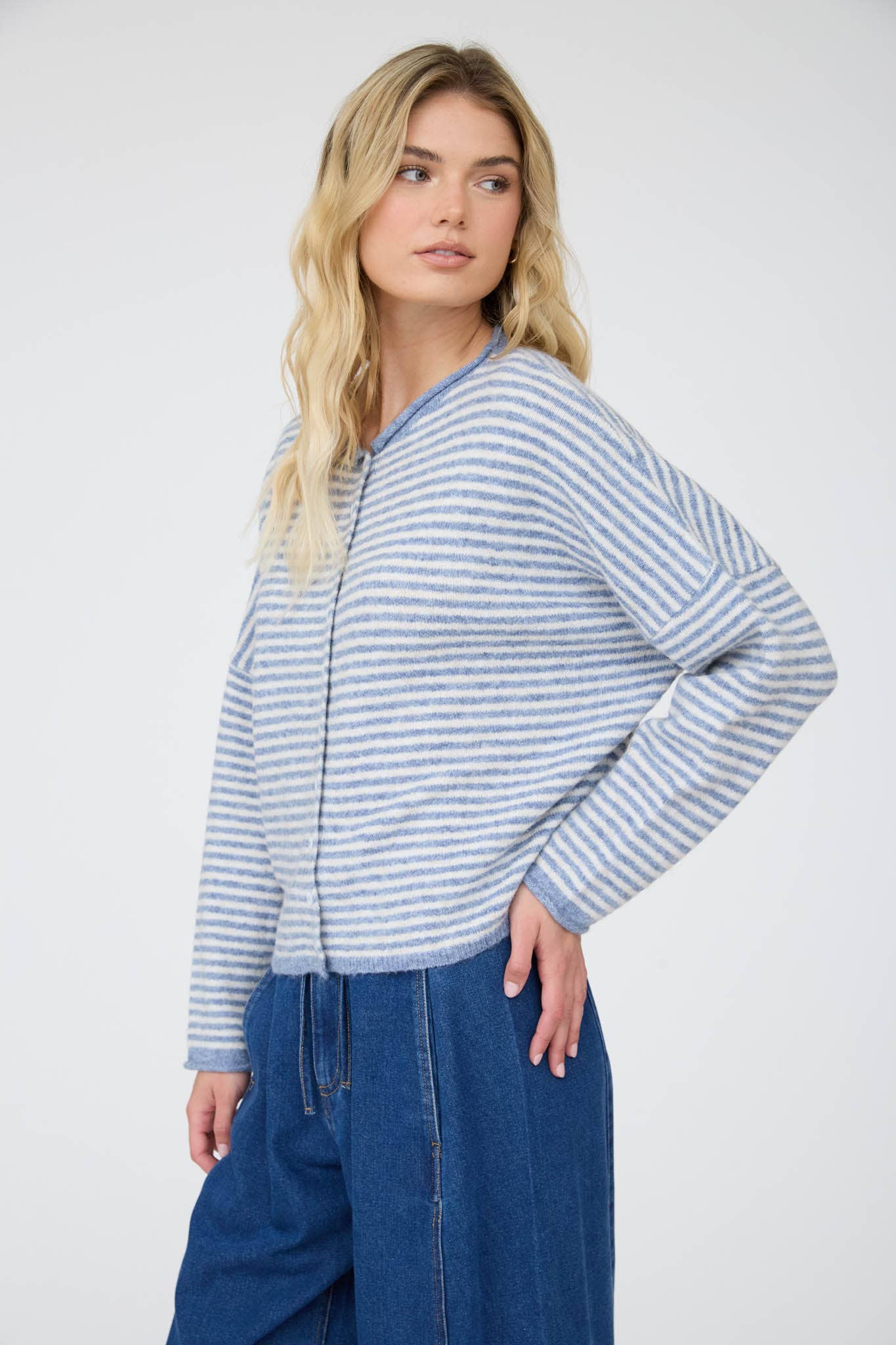 Blu Pepper Cardigan STRIPE RAW EDGE DROP SHOULDER KNIT CARDIGAN