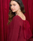 Blu Pepper DEEP RED V NECK DROP SHOULDER BACK BOW TIE DETAIL SWEATER