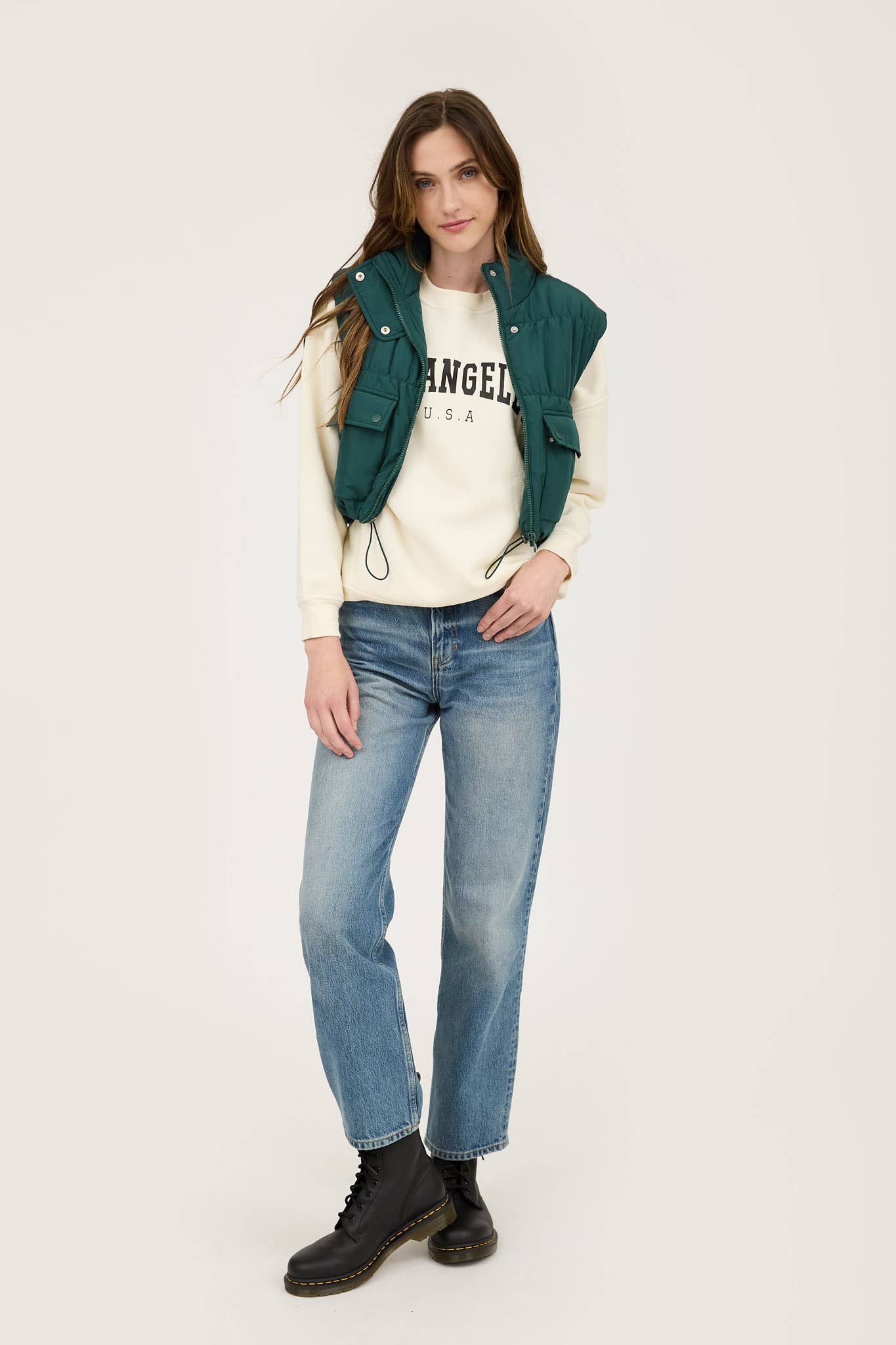 Blu Pepper HUNTER GREEN CROPPED ZIP UP CARGO PUFFER VEST